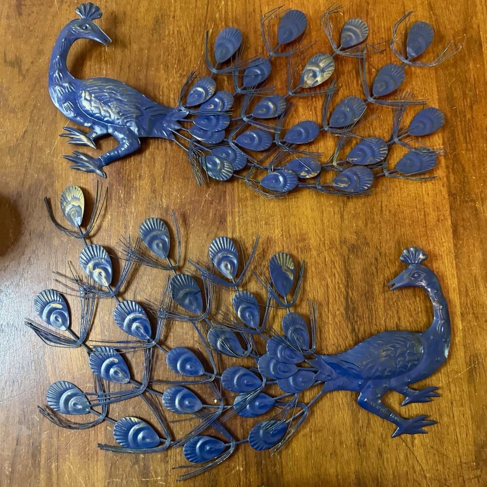 Rare Blue Vintage Peacock Wall Art Pair Mid Century Modern Hong Kong 1960’s
